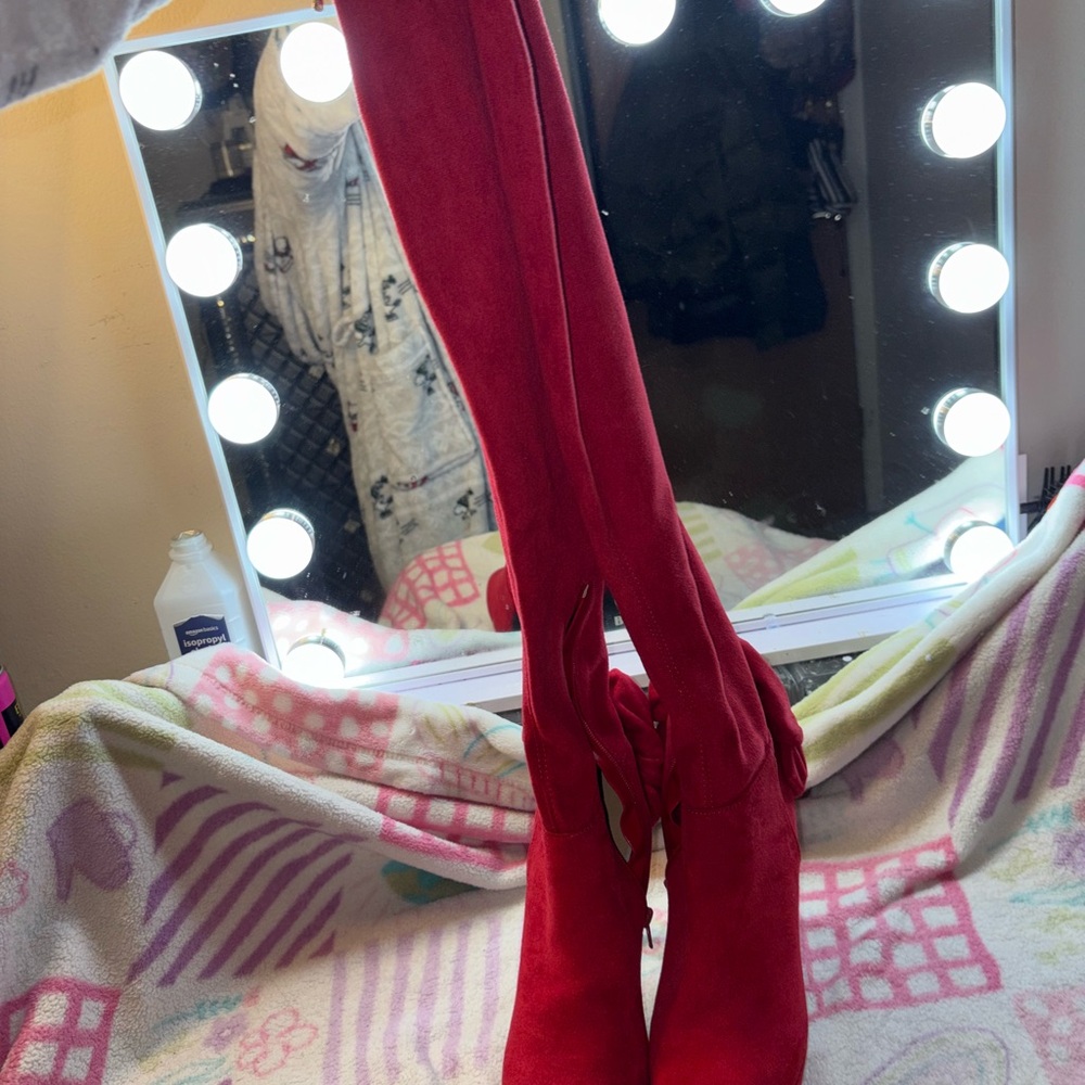 Red Velvet Heels with Floral Detail